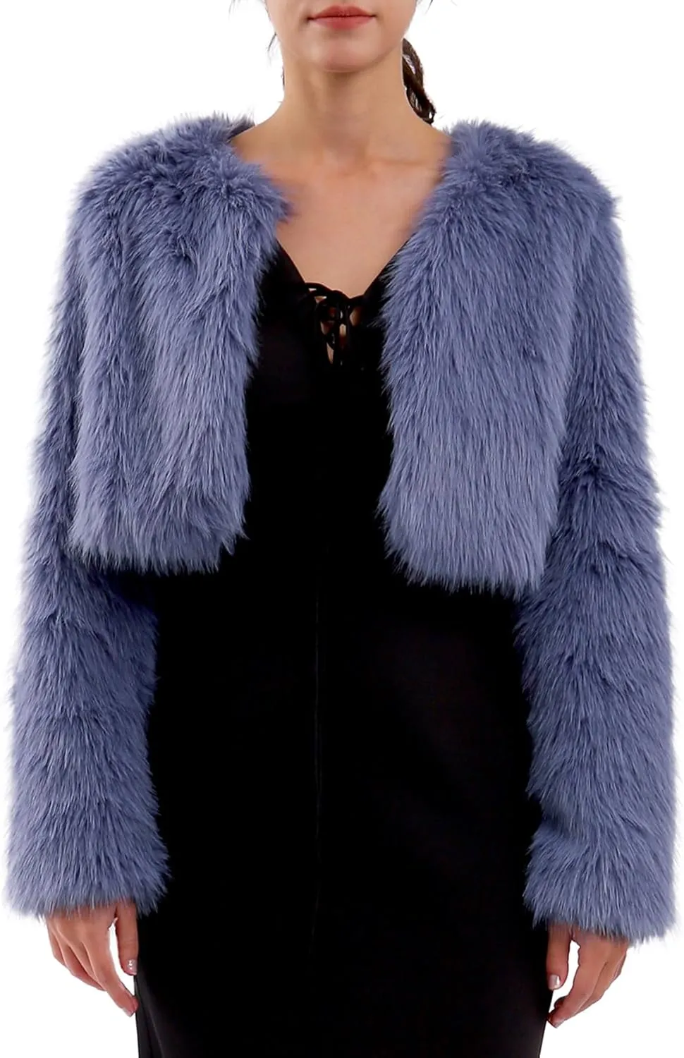 Amazhiyu Women's Faux Fur Cropped Coat Long Sleeve Open Front Winter Jacket