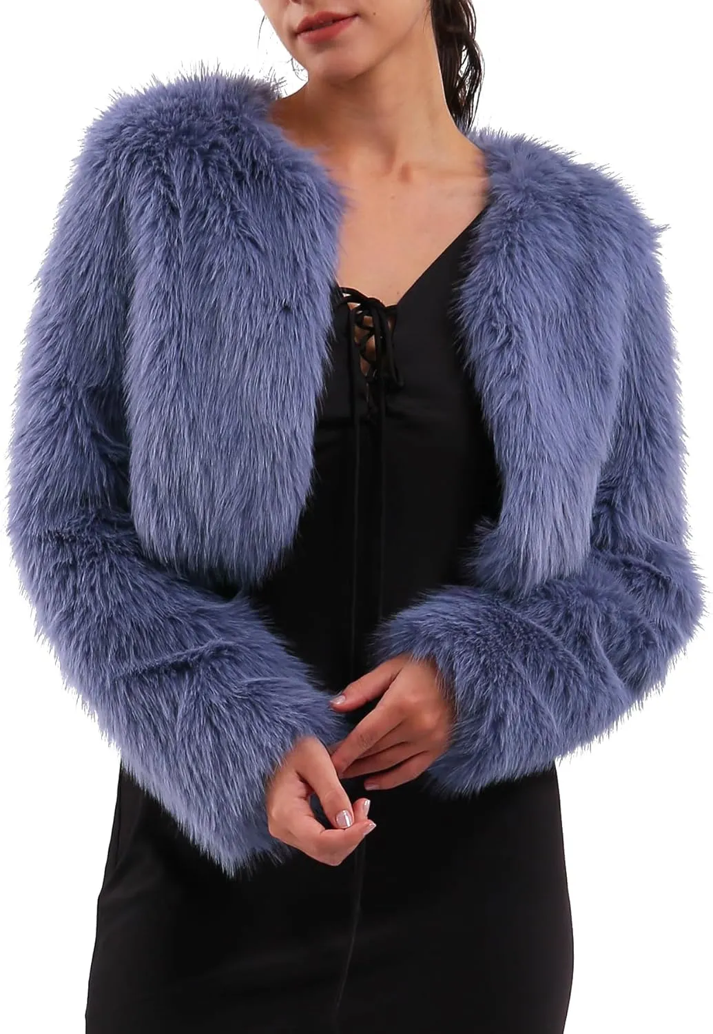 Amazhiyu Women's Faux Fur Cropped Coat Long Sleeve Open Front Winter Jacket
