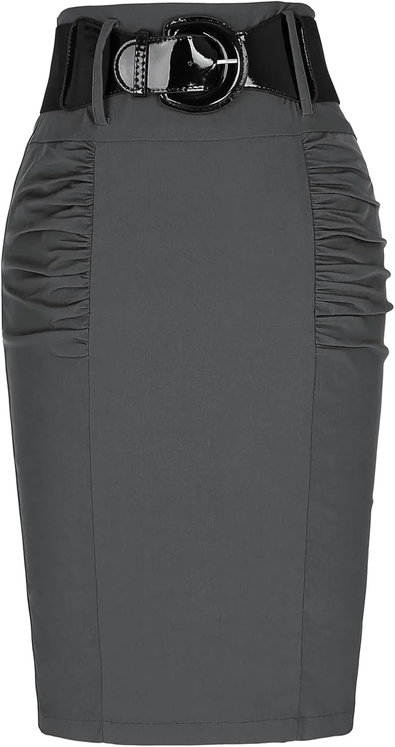 Belle Poque Women Pencil Skirt High Waisted Midi Pencil Skirt with Belt