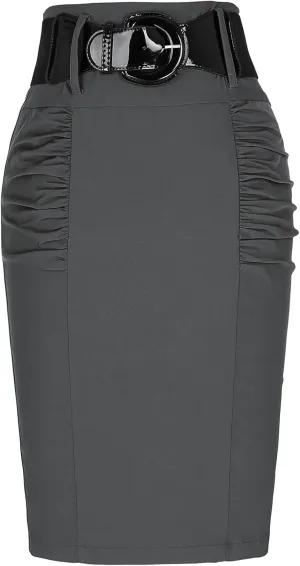 Belle Poque Women Pencil Skirt High Waisted Midi Pencil Skirt with Belt
