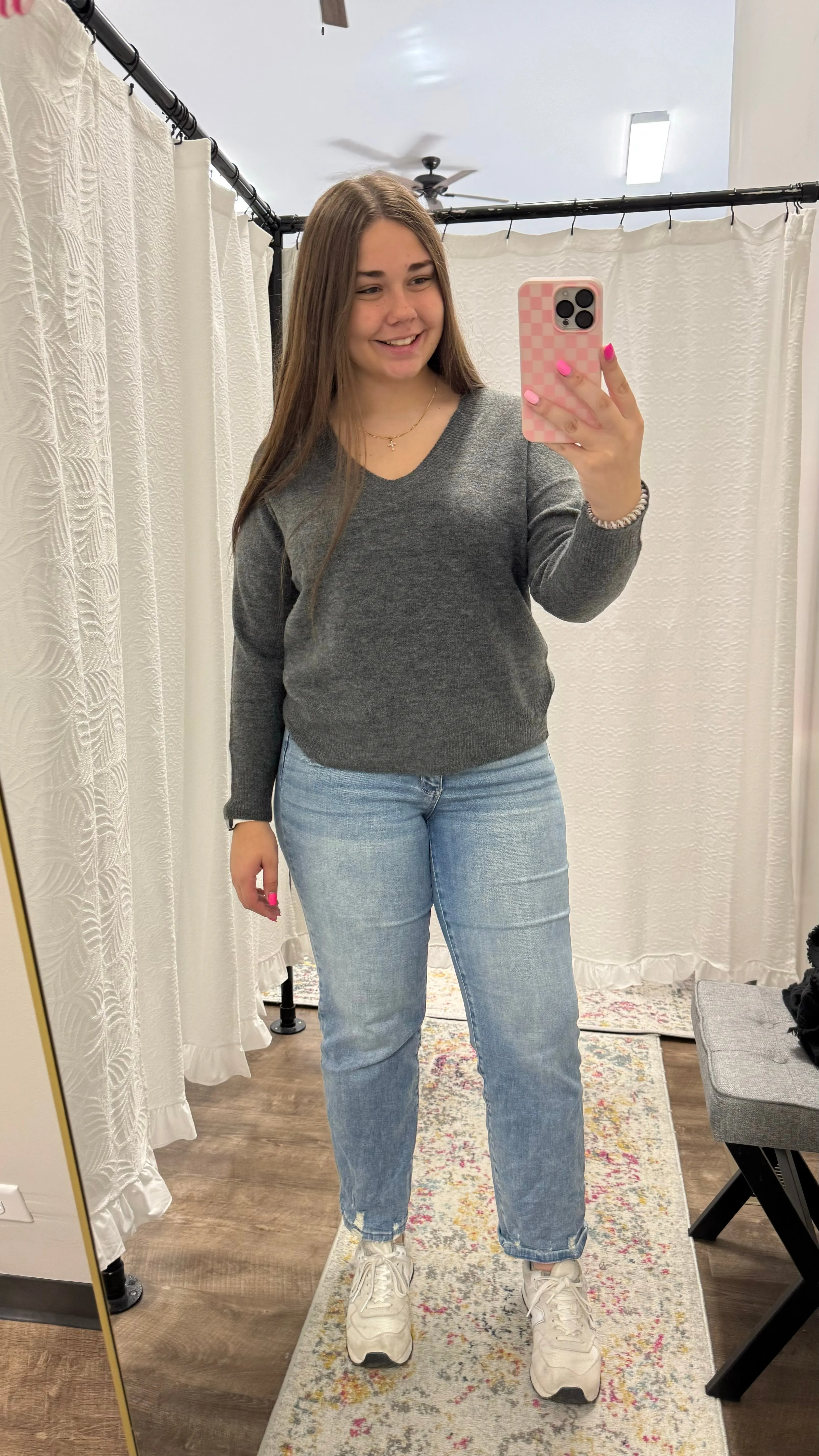 Charcoal V Neck Drop Knit Sweater