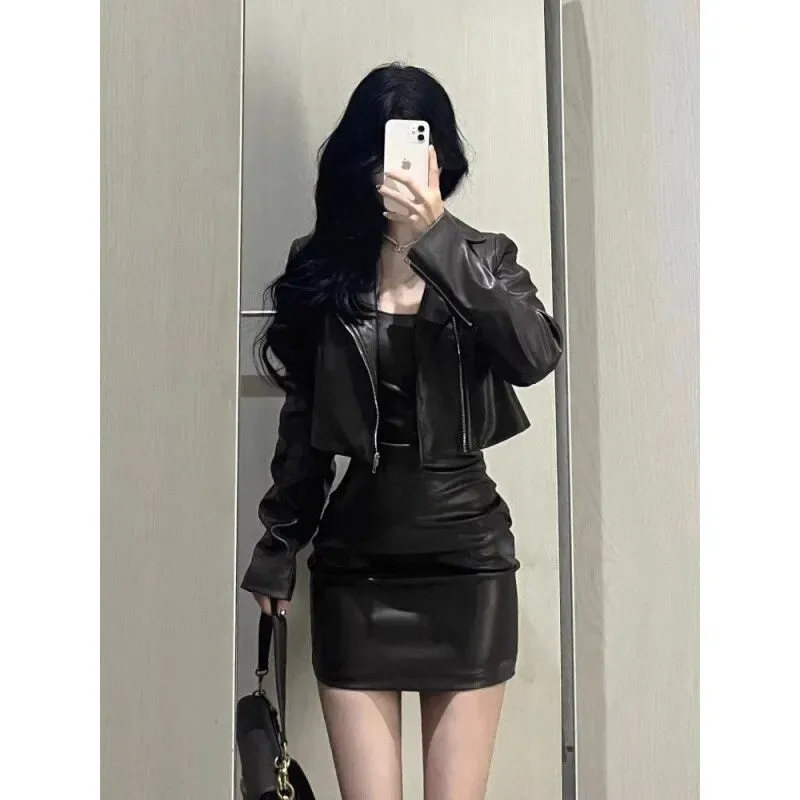 cold weather outfits Joskaa 2024 Spring Autumn New Women's Cropped Leather Jacket Tank Dress Slimming Bodycon Skirt Trendy Fashionable