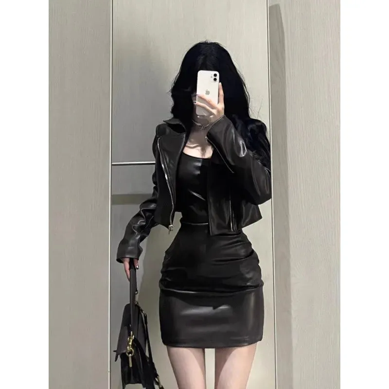 cold weather outfits Joskaa 2024 Spring Autumn New Women's Cropped Leather Jacket Tank Dress Slimming Bodycon Skirt Trendy Fashionable