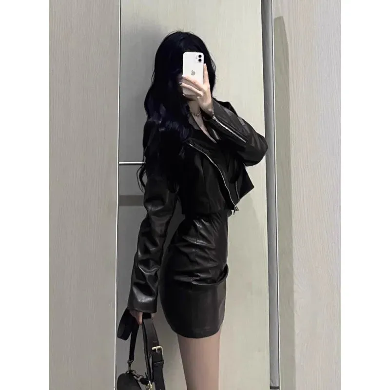 cold weather outfits Joskaa 2024 Spring Autumn New Women's Cropped Leather Jacket Tank Dress Slimming Bodycon Skirt Trendy Fashionable