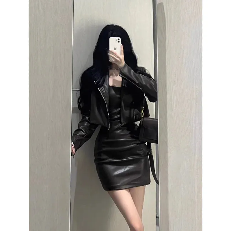 cold weather outfits Joskaa 2024 Spring Autumn New Women's Cropped Leather Jacket Tank Dress Slimming Bodycon Skirt Trendy Fashionable