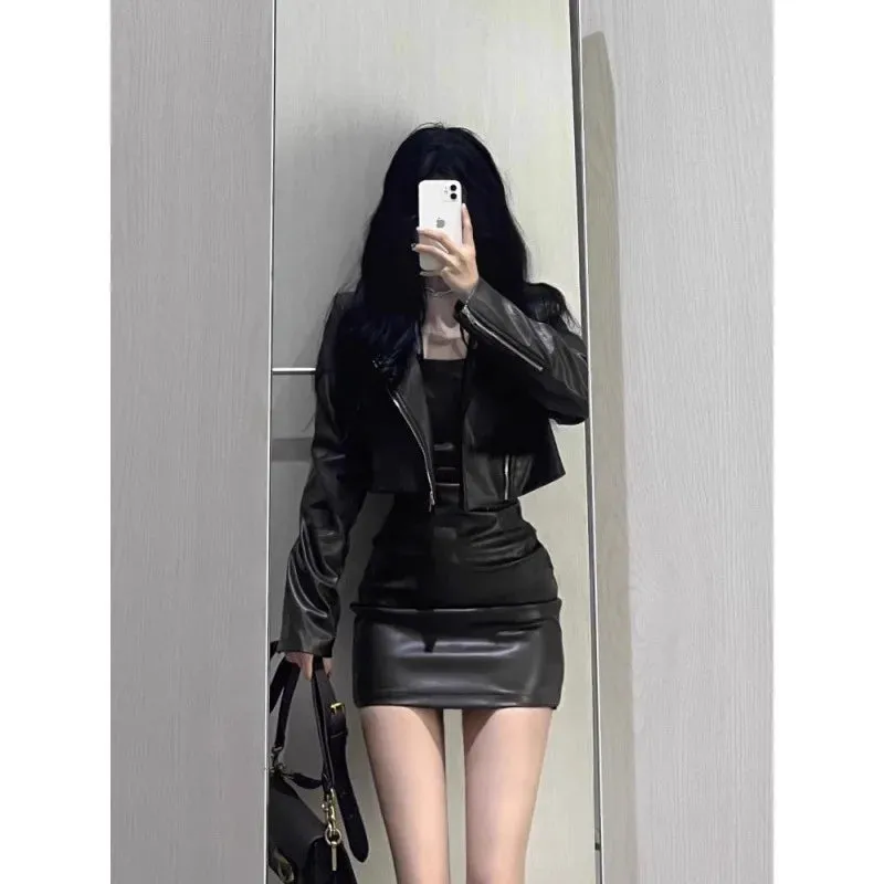 cold weather outfits Joskaa 2024 Spring Autumn New Women's Cropped Leather Jacket Tank Dress Slimming Bodycon Skirt Trendy Fashionable