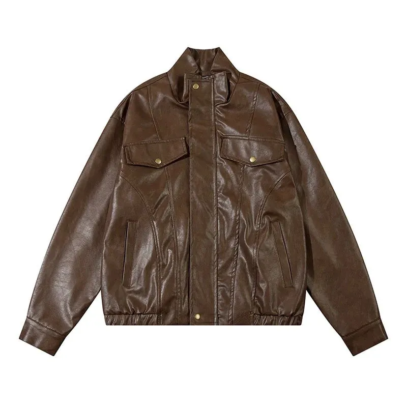 cold weather outfits Joskaa American Retro PU Leather Motorcycle Style Jacket High Street Trendy Brand Street Cool Baseball Vest Unisex Spring Outerwear