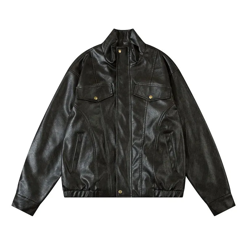 cold weather outfits Joskaa American Retro PU Leather Motorcycle Style Jacket High Street Trendy Brand Street Cool Baseball Vest Unisex Spring Outerwear