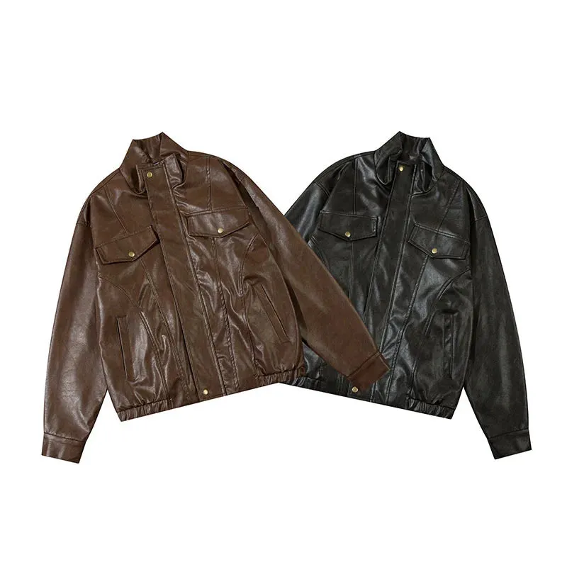 cold weather outfits Joskaa American Retro PU Leather Motorcycle Style Jacket High Street Trendy Brand Street Cool Baseball Vest Unisex Spring Outerwear