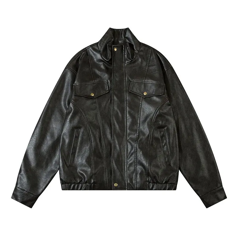cold weather outfits Joskaa American Retro PU Leather Motorcycle Style Jacket High Street Trendy Brand Street Cool Baseball Vest Unisex Spring Outerwear