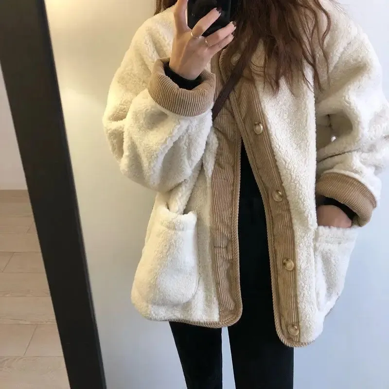 cold weather outfits Joskaa Autumn/Winter Lamb Wool Corduroy Korean-Style Round Neck Long Sleeve Loose-Fit Leather Integrated Jacket For Women Fashionable J