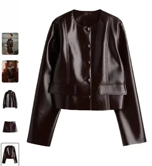 cold weather outfits Joskaa Fashionable Round Neck Leather Jacket Women's Clothing Cross-Border Hot Sale Fast Style Button Pocket Jacket LOOSE Fit