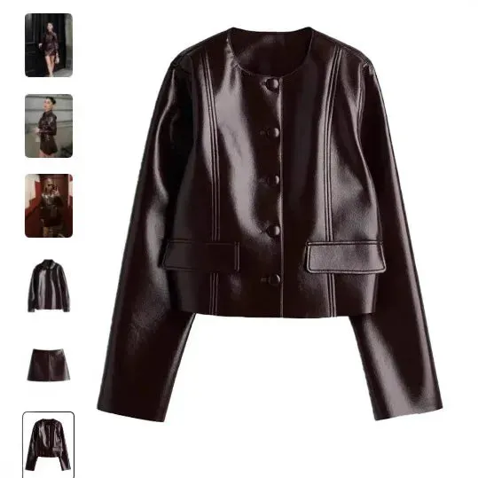 cold weather outfits Joskaa Fashionable Round Neck Leather Jacket Women's Clothing Cross-Border Hot Sale Fast Style Button Pocket Jacket LOOSE Fit