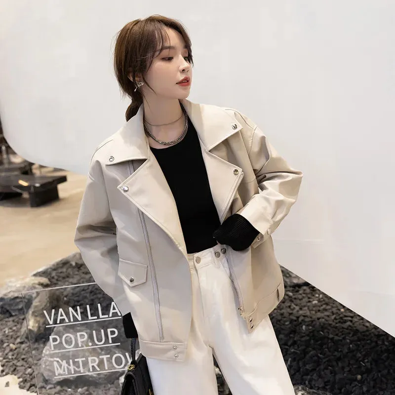 cold weather outfits Joskaa Harajuku Style Women's Leather Jacket Spring Autumn 2024 New Loose Fit Casual Versatile Motorcycle Jacket Top Trendy