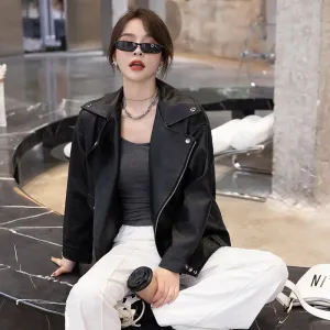cold weather outfits Joskaa Harajuku Style Women's Leather Jacket Spring Autumn 2024 New Loose Fit Casual Versatile Motorcycle Jacket Top Trendy