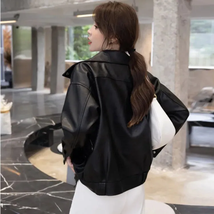 cold weather outfits Joskaa Harajuku Style Women's Leather Jacket Spring Autumn 2024 New Loose Fit Casual Versatile Motorcycle Jacket Top Trendy