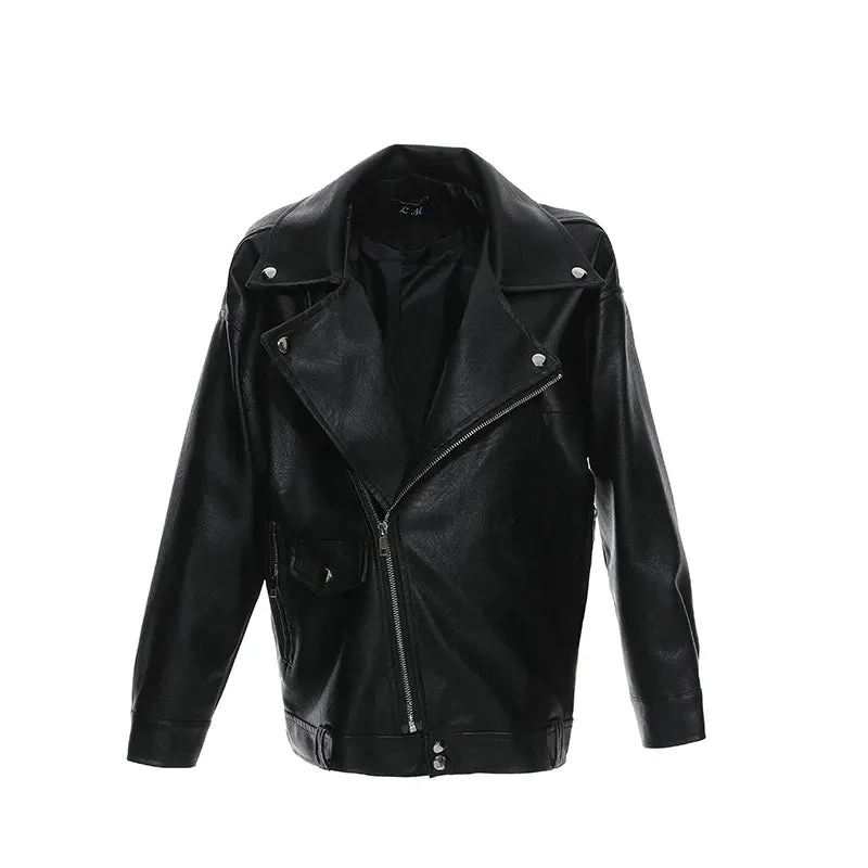cold weather outfits Joskaa Harajuku Style Women's Leather Jacket Spring Autumn 2024 New Loose Fit Casual Versatile Motorcycle Jacket Top Trendy