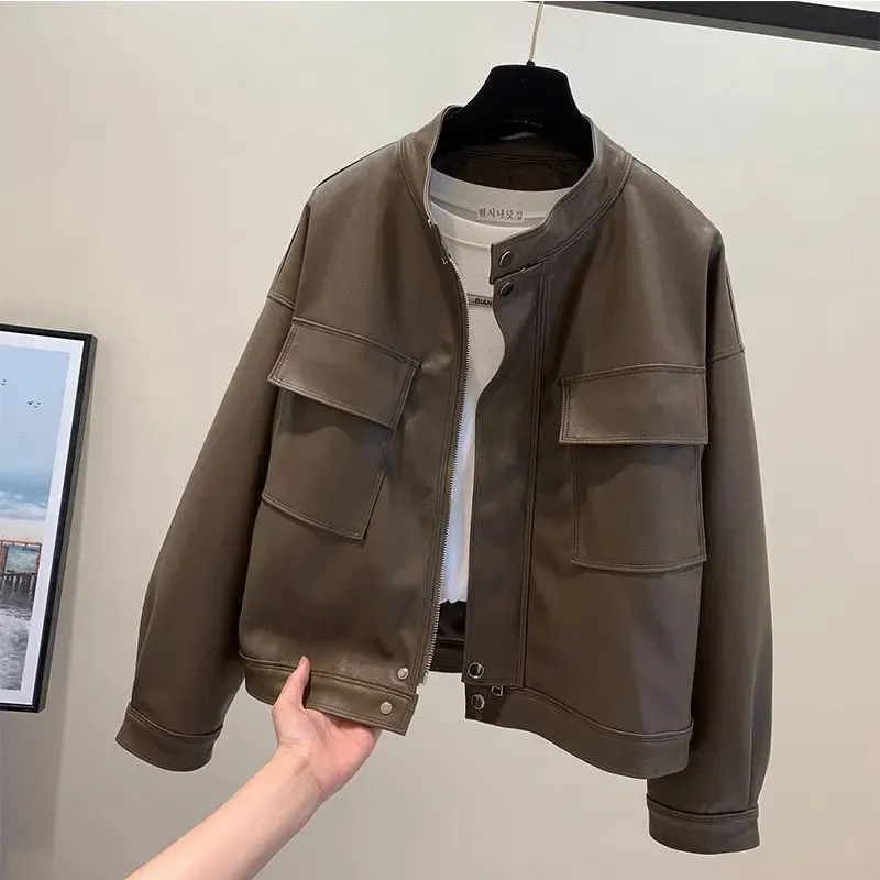 cold weather outfits Joskaa Loose Biker Leather Jacket Women's Short Style 2024 Autumn Winter New Korean RetroBF Style Chic Motorcycle Leather Coat