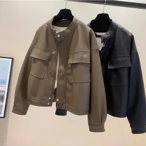 cold weather outfits Joskaa Loose Biker Leather Jacket Women's Short Style 2024 Autumn Winter New Korean RetroBF Style Chic Motorcycle Leather Coat
