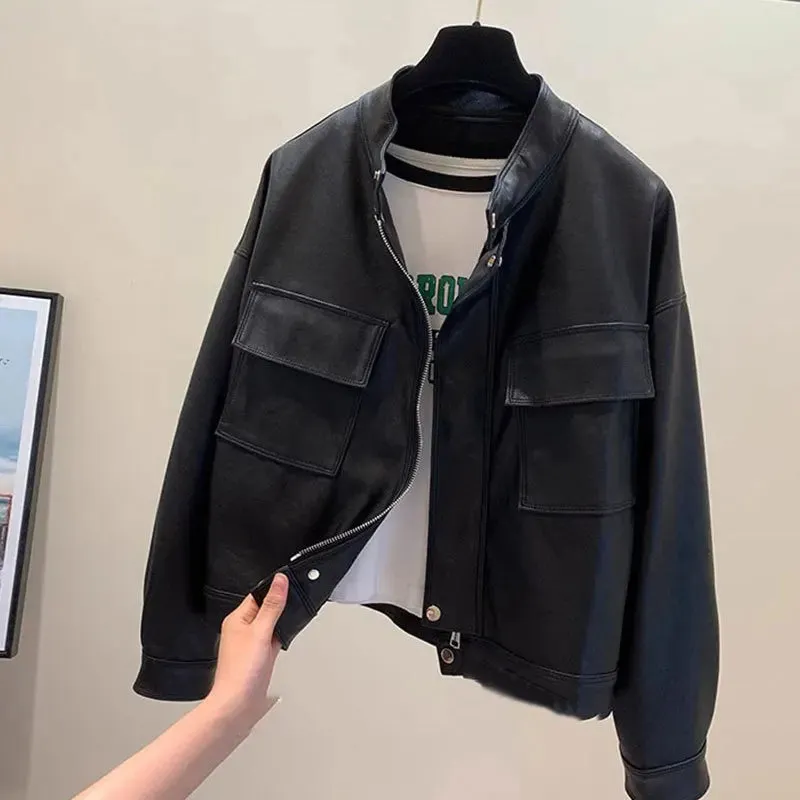 cold weather outfits Joskaa Loose Biker Leather Jacket Women's Short Style 2024 Autumn Winter New Korean RetroBF Style Chic Motorcycle Leather Coat
