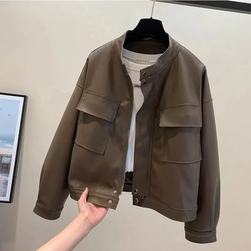 cold weather outfits Joskaa Loose Biker Leather Jacket Women's Short Style 2024 Autumn Winter New Korean RetroBF Style Chic Motorcycle Leather Coat
