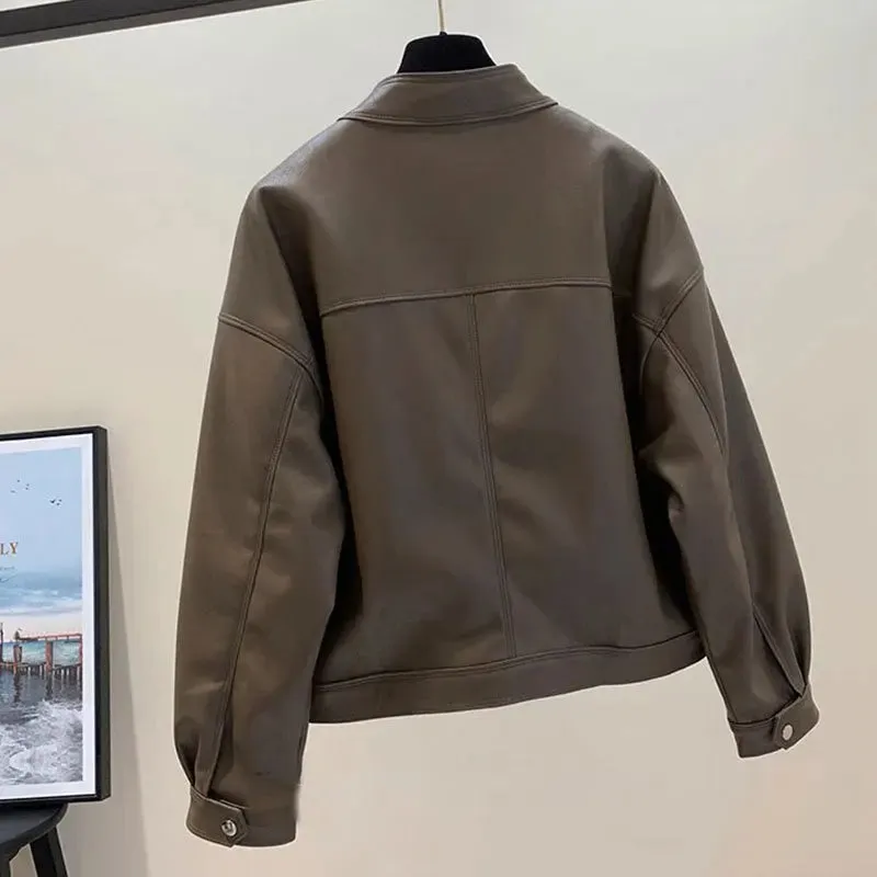 cold weather outfits Joskaa Loose Biker Leather Jacket Women's Short Style 2024 Autumn Winter New Korean RetroBF Style Chic Motorcycle Leather Coat