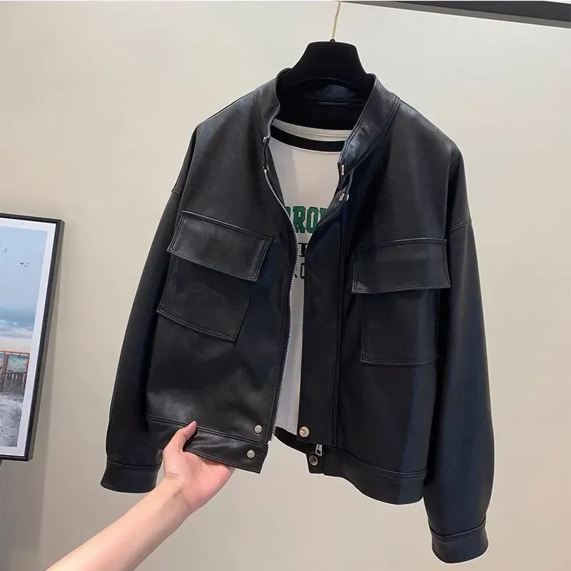 cold weather outfits Joskaa Loose Biker Leather Jacket Women's Short Style 2024 Autumn Winter New Korean RetroBF Style Chic Motorcycle Leather Coat