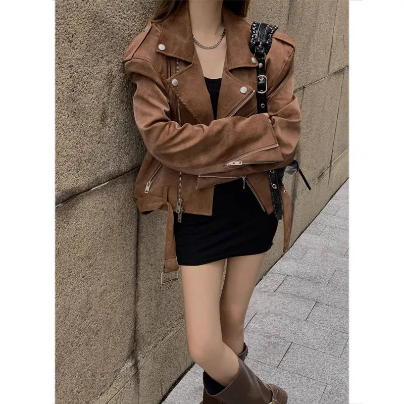 cold weather outfits Joskaa Maillard Brown Vintage PU Leather Biker Jacket Women's Loose-Fit Shoulder Design Sensibility Trendy Fashion From China
