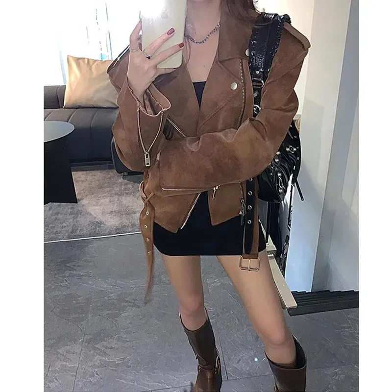 cold weather outfits Joskaa Maillard Brown Vintage PU Leather Biker Jacket Women's Loose-Fit Shoulder Design Sensibility Trendy Fashion From China