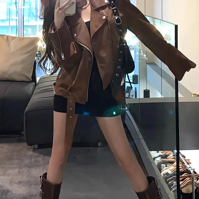 cold weather outfits Joskaa Maillard Brown Vintage PU Leather Biker Jacket Women's Loose-Fit Shoulder Design Sensibility Trendy Fashion From China