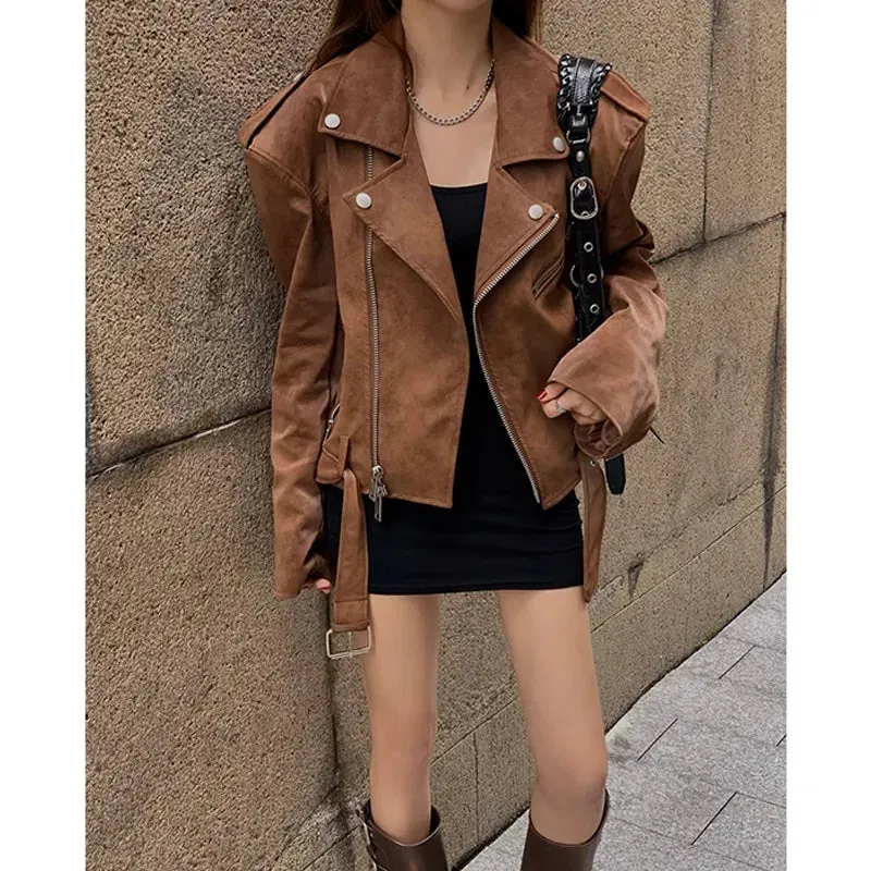 cold weather outfits Joskaa Maillard Brown Vintage PU Leather Biker Jacket Women's Loose-Fit Shoulder Design Sensibility Trendy Fashion From China