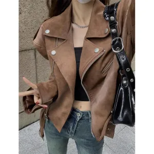 cold weather outfits Joskaa Maillard Brown Vintage PU Leather Biker Jacket Women's Loose-Fit Shoulder Design Sensibility Trendy Fashion From China