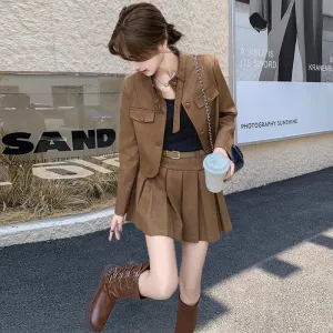 cold weather outfits Joskaa Maillardchamois Leather Vintage Korean Style Cropped Mini Dress 2024 Autumn New Arrival Women's Top Jacket Suit