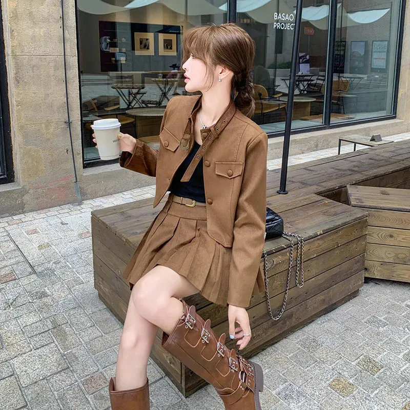 cold weather outfits Joskaa Maillardchamois Leather Vintage Korean Style Cropped Mini Dress 2024 Autumn New Arrival Women's Top Jacket Suit