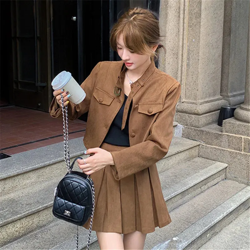 cold weather outfits Joskaa Maillardchamois Leather Vintage Korean Style Cropped Mini Dress 2024 Autumn New Arrival Women's Top Jacket Suit