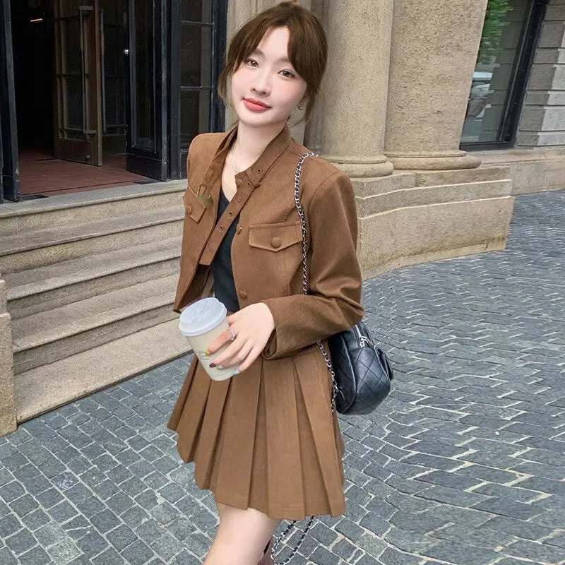 cold weather outfits Joskaa Maillardchamois Leather Vintage Korean Style Cropped Mini Dress 2024 Autumn New Arrival Women's Top Jacket Suit