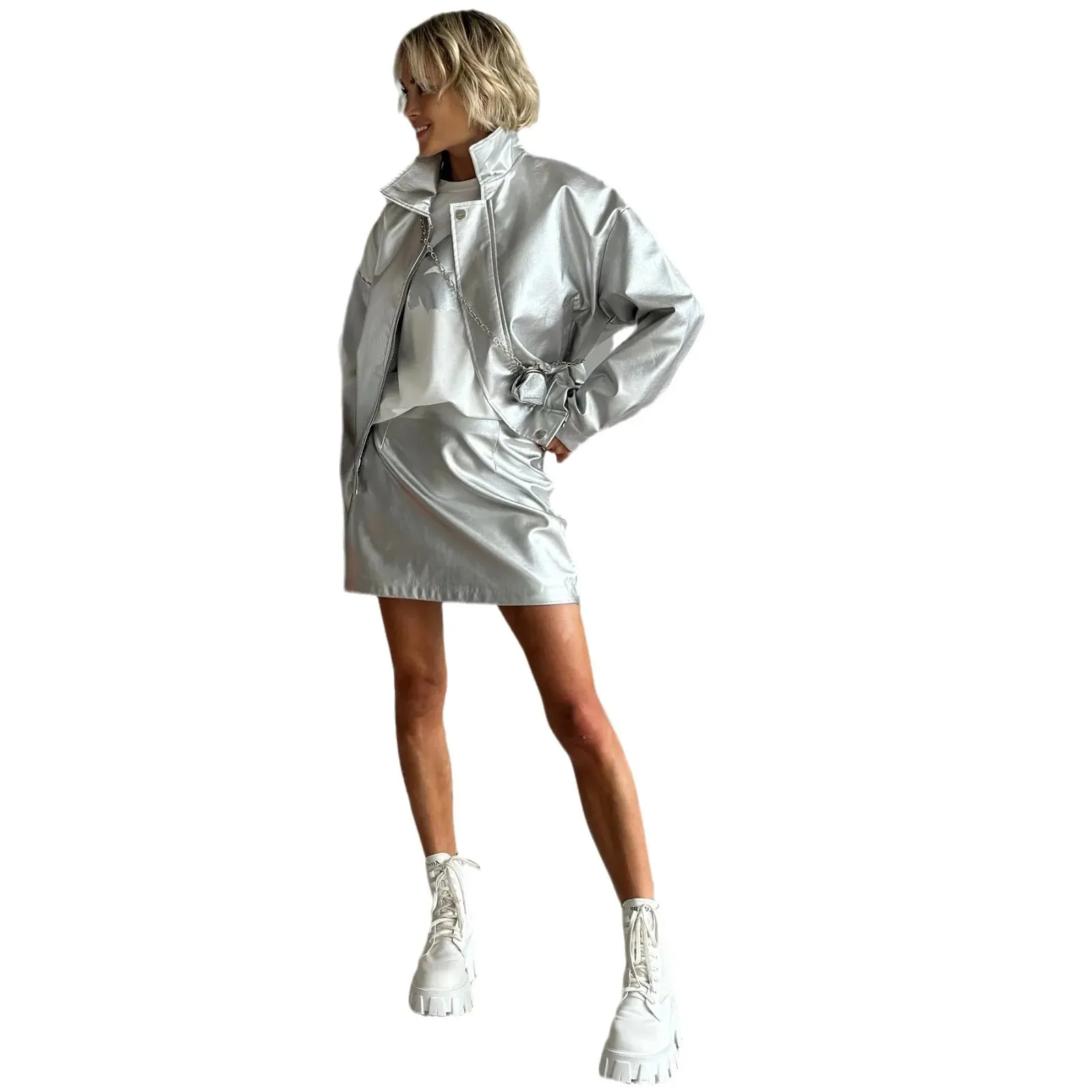 cold weather outfits Joskaa Mini Dress 2-Piece Set Unique Bright Face Leather Jacket Women's Clothing Solid Color Loose-Fit Shoulder Sleeve Wholesale
