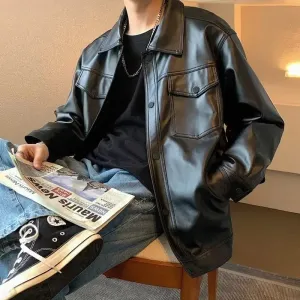 cold weather outfits Joskaa SpringAutumnAmerican Style Motorcycle Leather Jacket For Men TrendyinsPIU Leather Loose-Fit Couple Jacket Fashionable Korean Ver