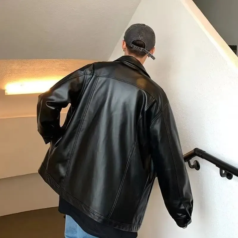 cold weather outfits Joskaa SpringAutumnAmerican Style Motorcycle Leather Jacket For Men TrendyinsPIU Leather Loose-Fit Couple Jacket Fashionable Korean Ver