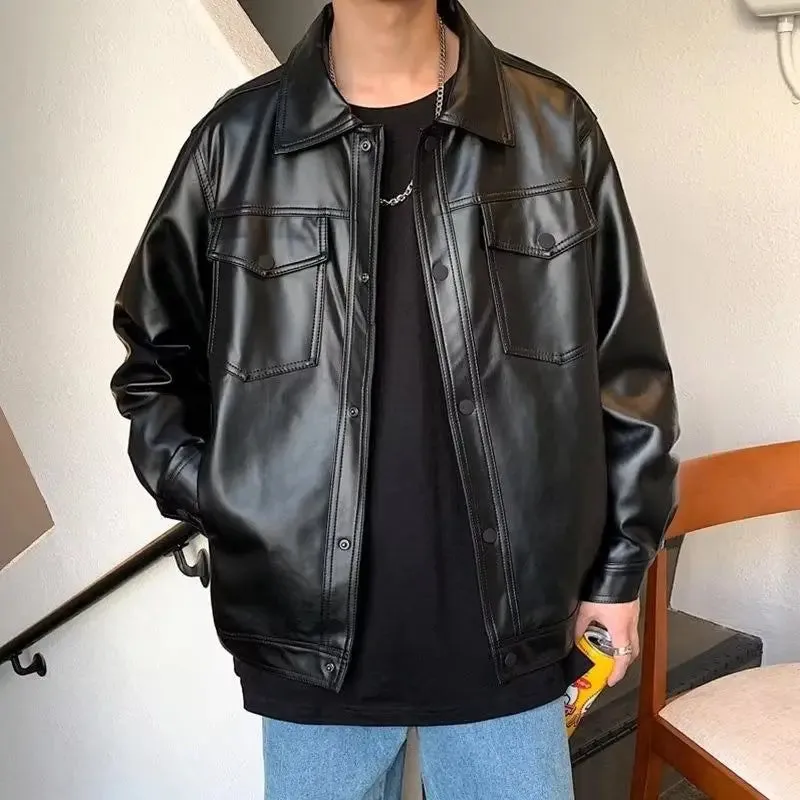 cold weather outfits Joskaa SpringAutumnAmerican Style Motorcycle Leather Jacket For Men TrendyinsPIU Leather Loose-Fit Couple Jacket Fashionable Korean Ver
