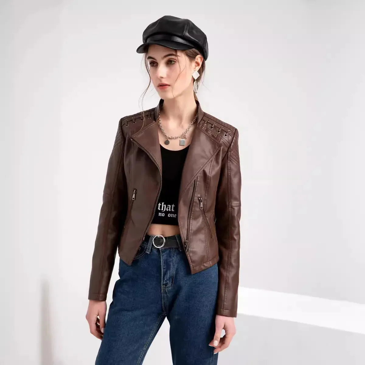 cold weather outfits Joskaa Trendy Youthful Cropped Jacket For Women Genuine Leather Slim Fit Motorcycle Jacket Versatile Smooths Your Silhouette