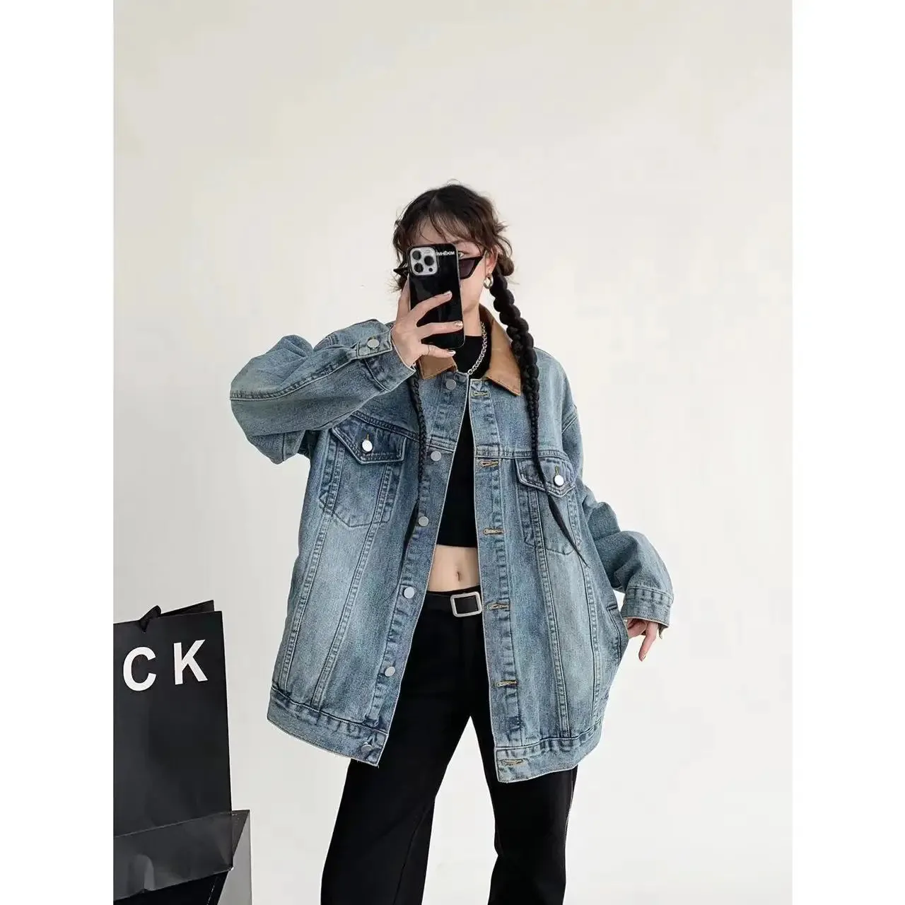 cold weather outfits Joskaa Vintage American Style Loose Fit Denim Jacket For Couples Spring Autumn Fashionable Distressed PU Leather Collar Trendy Women's