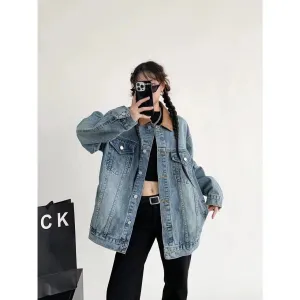cold weather outfits Joskaa Vintage American Style Loose Fit Denim Jacket For Couples Spring Autumn Fashionable Distressed PU Leather Collar Trendy Women's