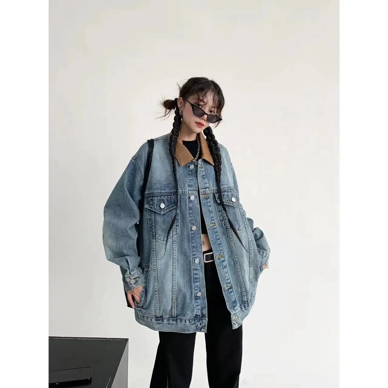 cold weather outfits Joskaa Vintage American Style Loose Fit Denim Jacket For Couples Spring Autumn Fashionable Distressed PU Leather Collar Trendy Women's