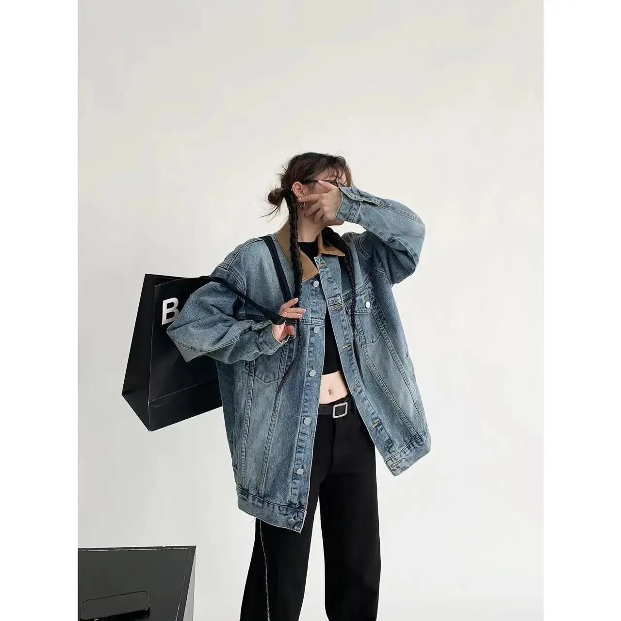 cold weather outfits Joskaa Vintage American Style Loose Fit Denim Jacket For Couples Spring Autumn Fashionable Distressed PU Leather Collar Trendy Women's