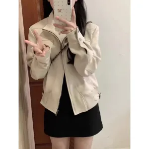 cold weather outfits Joskaa Vintage Chamois Leather Jacket Women's Spring Autumn New Trendy Brand Design Sensibility Spliced Motorcycle Jacket Top For Middl
