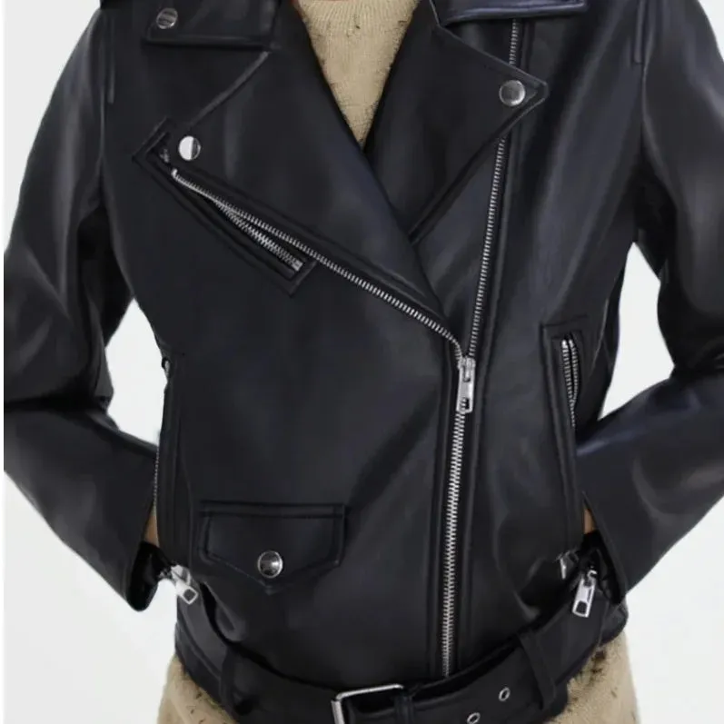 cold weather outfits Joskaa Vintage Motorcycle Leather Jacket Women's Clothing Fast Selling Popular Style Imitation Leather Biker Jacket For Seasonal Wear