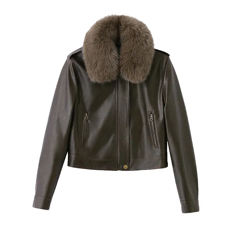 cold weather outfits Joskaa Women's Autumn Winter New Style Leather Jacket Large Collar Fleece Lined And Thickened Petite Jacket PULeather ZH1138