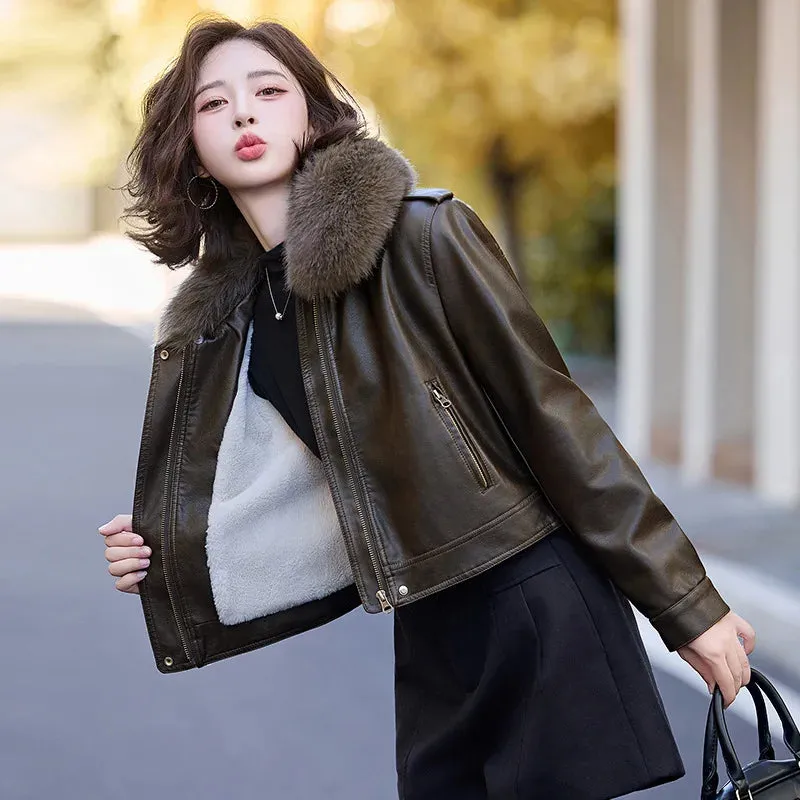 cold weather outfits Joskaa Women's Autumn Winter New Style Leather Jacket Large Collar Fleece Lined And Thickened Petite Jacket PULeather ZH1138
