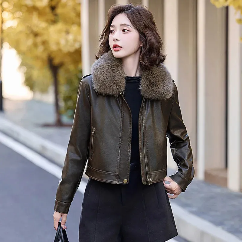 cold weather outfits Joskaa Women's Autumn Winter New Style Leather Jacket Large Collar Fleece Lined And Thickened Petite Jacket PULeather ZH1138